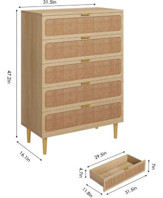 Black Rattan 5-Drawer Bedroom Dresser, Deep-Drawer Horizontal Chest, Modern Wood Storage for Living Room Hallway Kids Room