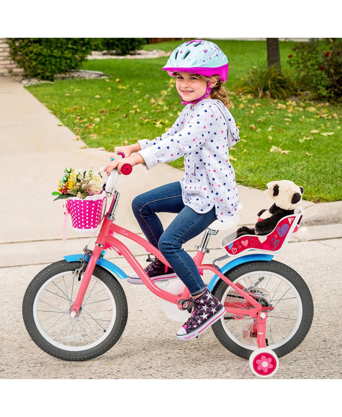 Hongge 16-Inch Girls Bike with Training Wheels, Basket, and Adjustable Seat - Pink