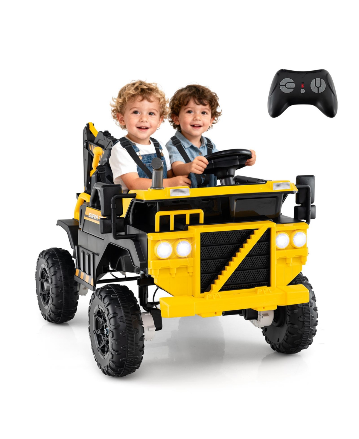 Hongge 24V 4WD Ride-On Excavator for Kids with Remote Control and Digging Arm - Yellow