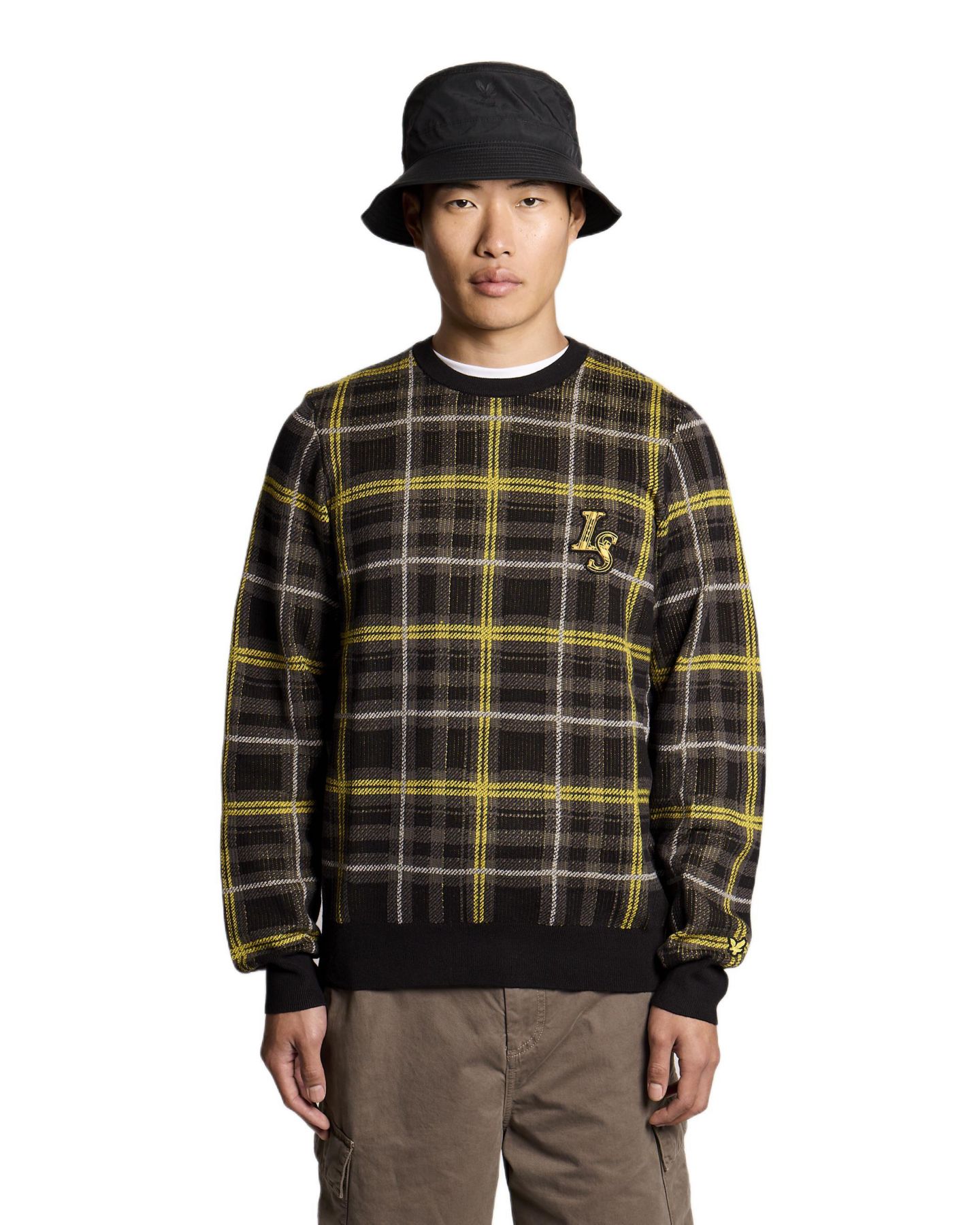 Мужской джемпер Lyle & Scott в рубчик с жаккардом в шотландскую клетку, круглый вырез, цвет: Угольно-чёрный — фото 1