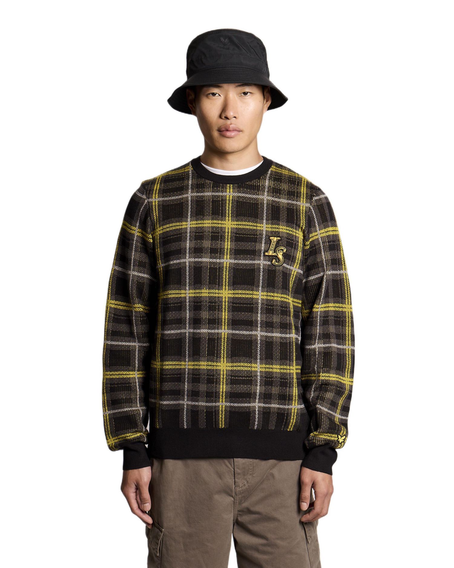 Men's Ribbed Jacquard Tartan Crew Neck