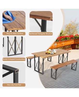 3 PCS Outdoor Acacia Wood Patio Dining Table Bench Set with 2'' Umbrella Hole