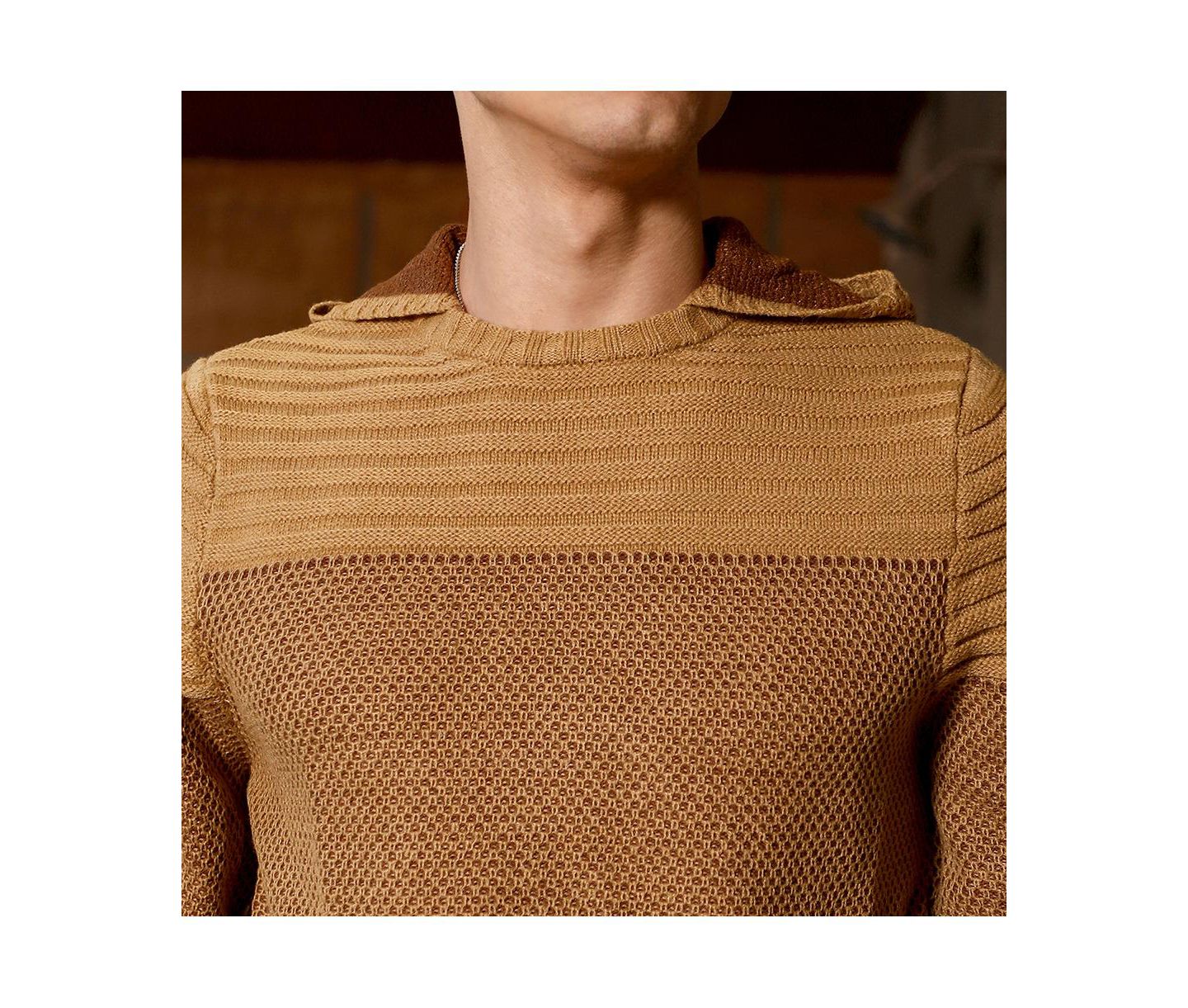 Мужской свитер Campus Sutra Hive-Jacquard Knit Hooded, цвет: Коричневый — фото 8