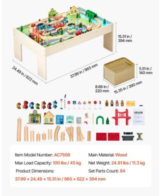 Train Table, 84 PCS Wooden Activity Table with Collapsible Bin, 3-in-1 Train Set for Playing, Drawing & Reading, Toy for Kids 3