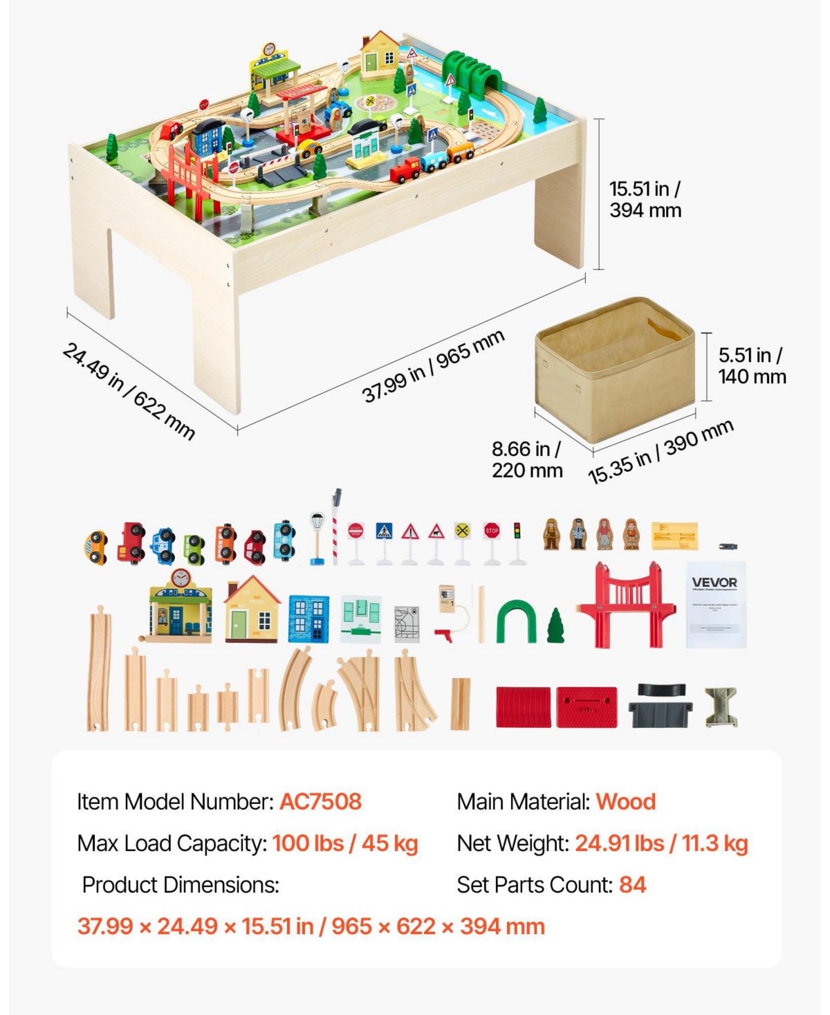 Mecale Train Table, 84 Pcs Wooden Activity Table with Collapsible Bin, 3-in-1 Train Set for Playing, Drawing & Reading, Toy for Kids 3