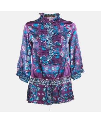 Women's Purple Floral Print Silk Ruffled Top