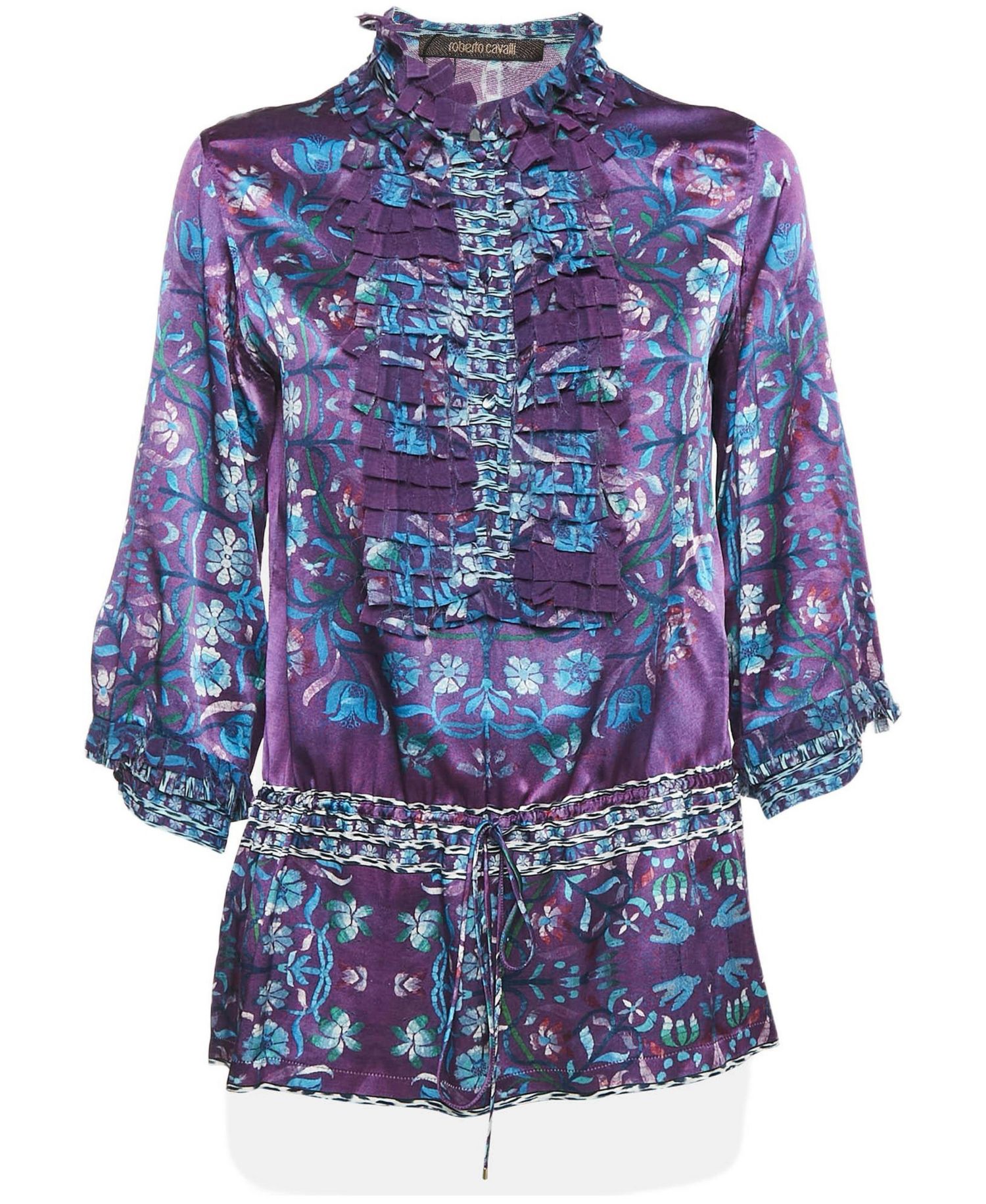 Women's Purple Floral Print Silk Ruffled Top