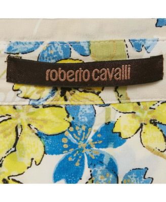 Women's White/blue Floral Print Silk Ruffled Blouse