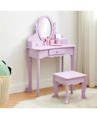 Kids' Vanity Set with Adjustable Mirror, Pretend Play Vanity Table and Stool with Wood Makeup Set