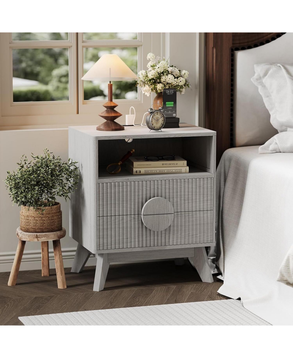 Gaomon Modern Fluted Night Stand, Bedroom Nightstand with Usb Charging Station, Wood Bedside Table 2 Drawers, 1pcs