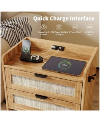 Rattan Nightstand Set of 2, Bedside Table with Type-C Charging Station - 2 Storage Drawer Space, Boho End Table Side Table, Walnut Brown