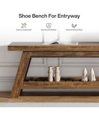55" Wood Entryway Bench with Shoe Storage, Large 2-Tier Narrow Hallway Foyer Seating Bench