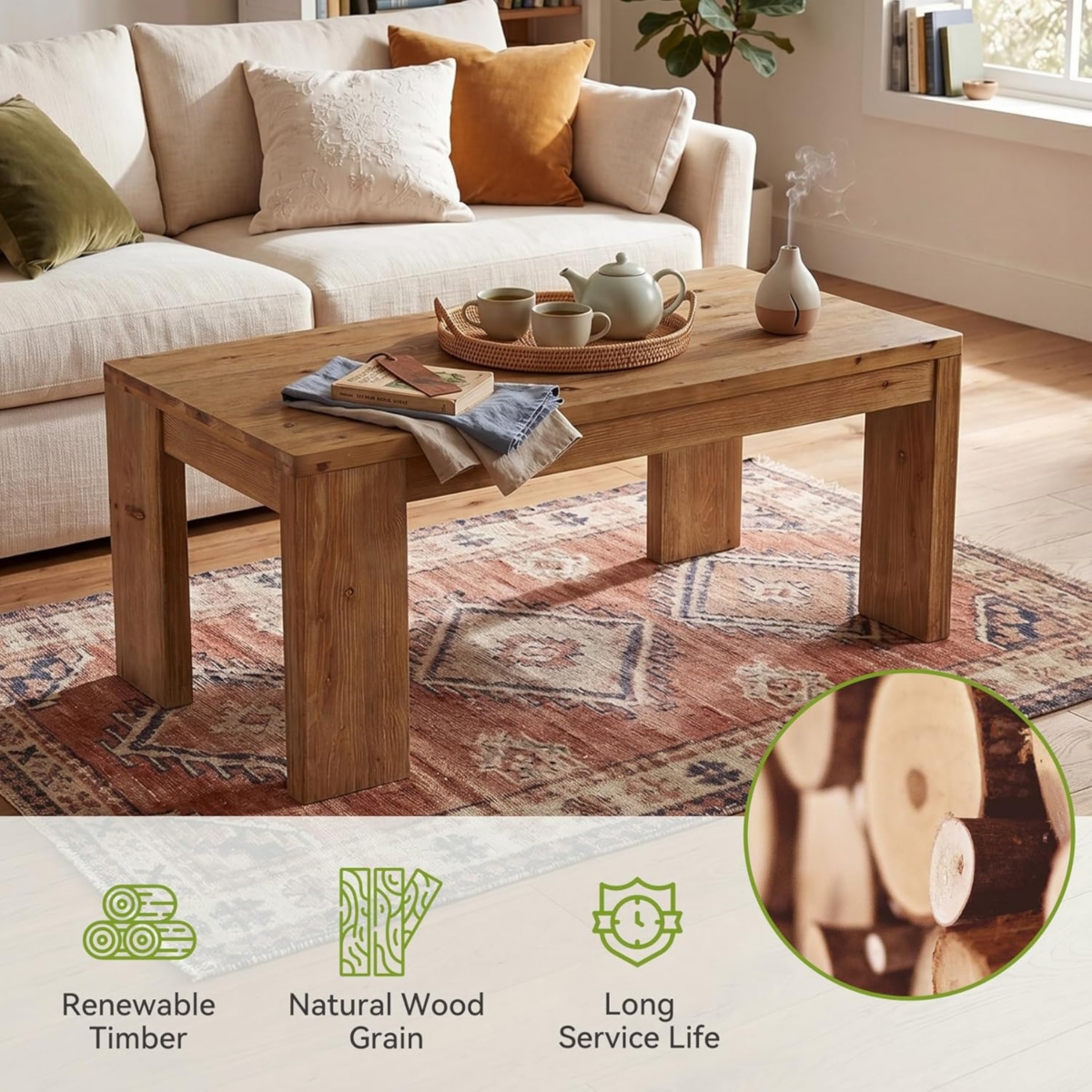 Tribesigns Solid Wood Coffee Table, 47-Inch Wooden Center Tables with Rounded Corners, Rectangular Living Room Table