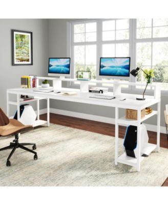 Two Person Desk with Monitor Stand, 78.74" Long Double Computer Office Desk with Storage Shelves