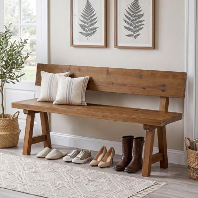 Solid Wood Bench with Back, 47-Inch Long Farmhouse Wooden Indoor Window Bench Seat
