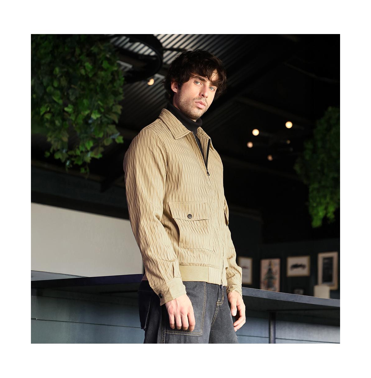 Campus Sutra Men's Mousse Brown Zip-Front Crease-Tactile Jacket