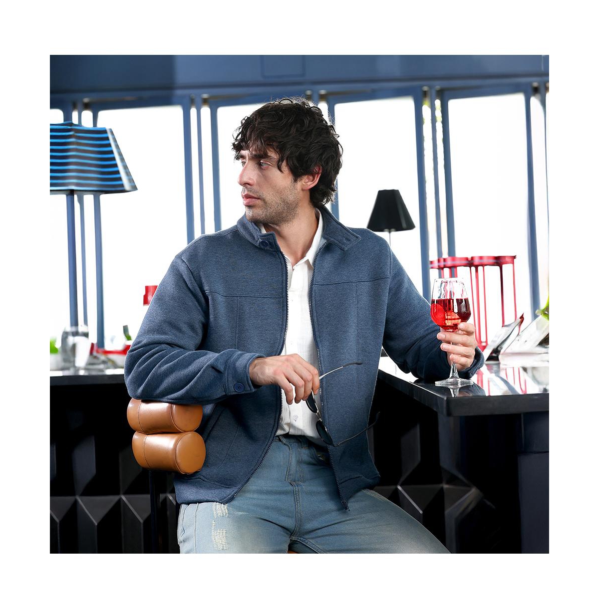 Campus Sutra Men's Indigo Blue Panel-Stitch Knit Jacket