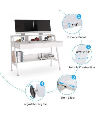 White Computer Desk with Storage Shelf & Drawers, Modern 47 inch Office Writing Desk Study Table with Monitor Stand