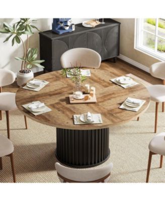 47.24-Inch Black Round Dining Table for 4-6 People, Modern Fluted MDF + Metal Base Kitchen Table