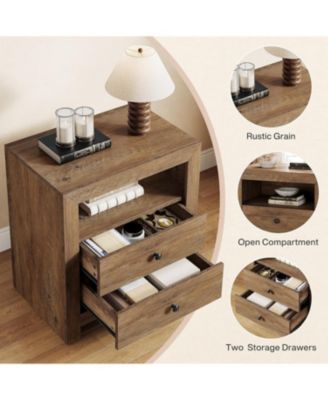 Farmhouse Nightstand with 2 Storage Drawers, Rustic Nightstand Table with Open Shelf, End Side Table, Rustic