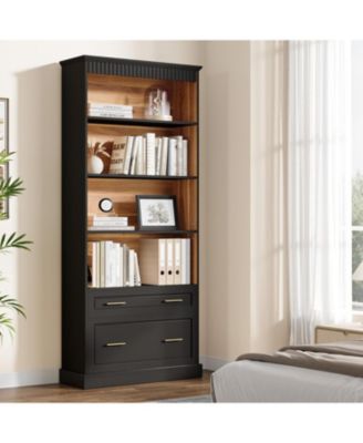 72" White 5-Shelf Bookcase with Drawers – Modern freestanding wood bookshelf for display and storage