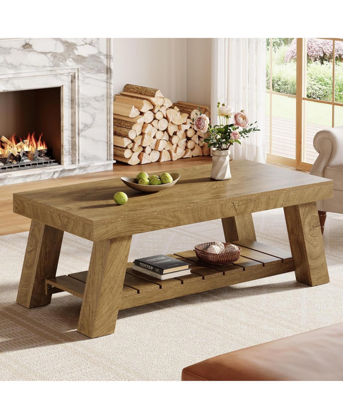 Tribesigns Rectangular Coffee Table, 47.24" Farmhouse Wood Center Tables for Living Room,Brown