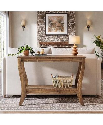 Wood Console Table with Storage, 43.3-Inch Farmhouse Entryway Table with Shelf, 2-Tier Wooden Sofa Table