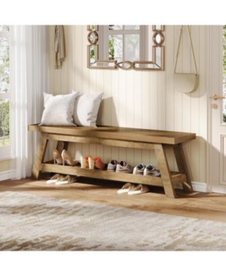 55" Wood Entryway Bench with Shoe Storage, Large 2-Tier Narrow Hallway Foyer Seating Bench