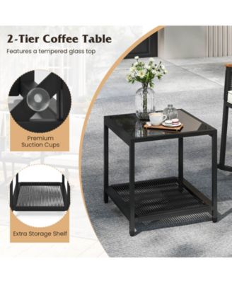 3 PCS Outdoor Rocking Bistro Set with 2-Tier Coffee Table, Acacia Wood Armrests