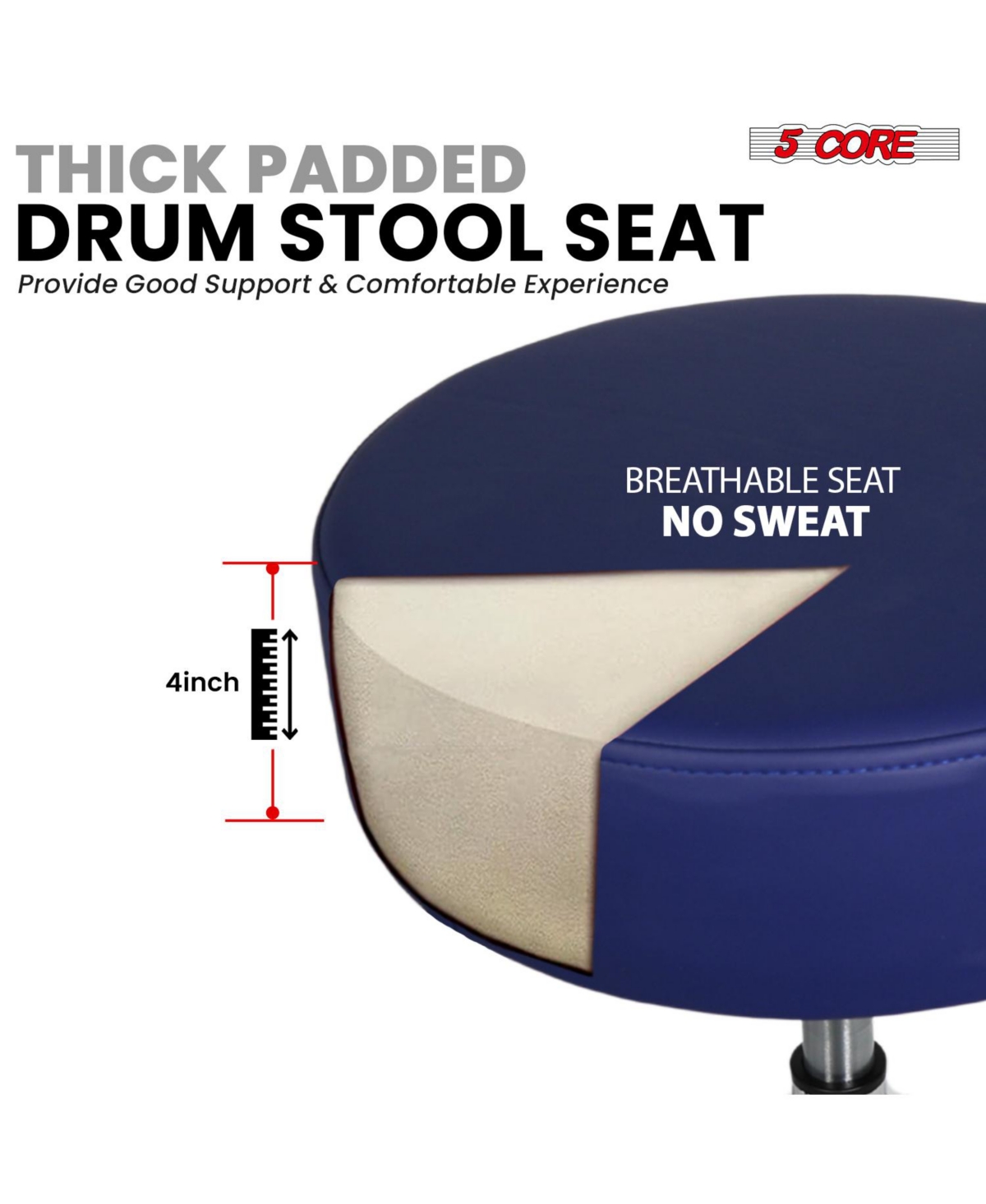 5 Core Drum Throne w Backrest 4" Padded Stool Airlift Adjustable 25.5" Drummer Chair 441Lb Capacity