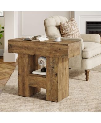Farmhouse Narrow End Table with 2-Tier Storage Shelf and Heavy-Duty Base – Sofa Side Table for Living Room