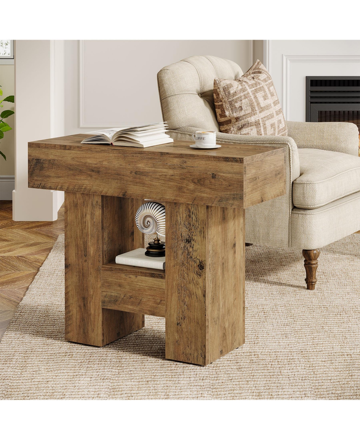 Tribesigns Farmhouse Narrow End Table with 2-Tier Storage Shelf and Heavy-Duty Base – Sofa Side Table for Living Room