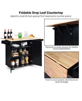 Drop-Leaf Kitchen Island Trolley Cart Wood Storage Cabinet w/ Spice Rack