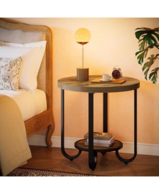 Round End Table with 2-Tier Storage Shelf, Industrial Side Table with Curved Metal Legs
