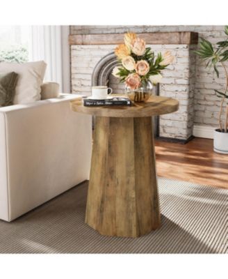 Farmhouse Round End Table, Wooden Couch Side Table with Octagonal Base