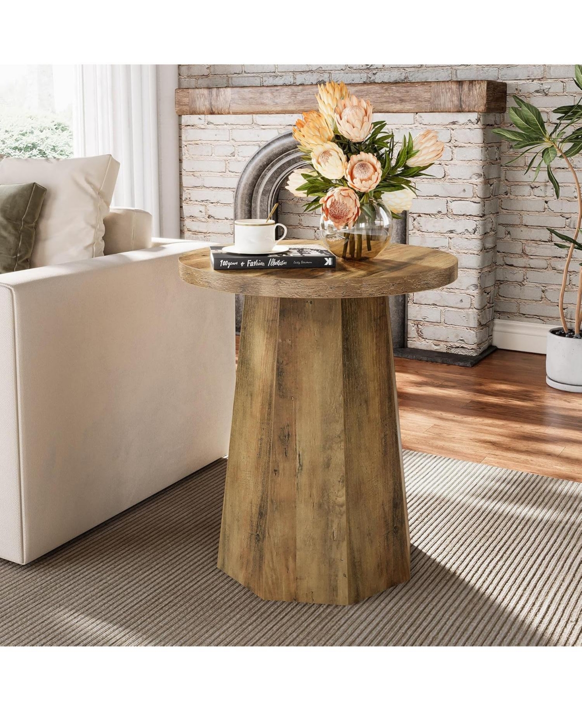 Tribesigns Farmhouse Round End Table, Wooden Couch Side Table with Octagonal Base