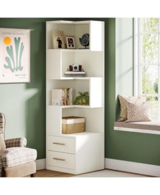 5-Tier Corner Bookshelf with 2 Drawers, 66.9-Inch Tall Corner Bookcase Shelf, Home Office