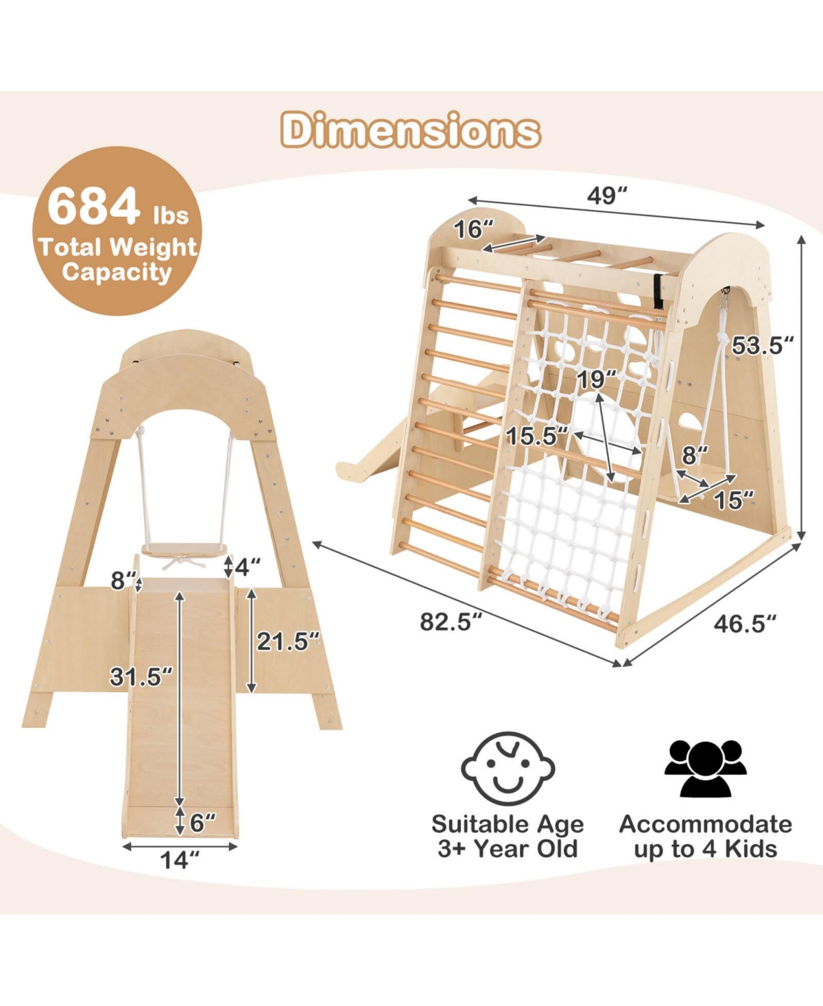 8-in-1 Indoor Jungle Gym Wooden Playground with Climbing Wall, Net, Ladder