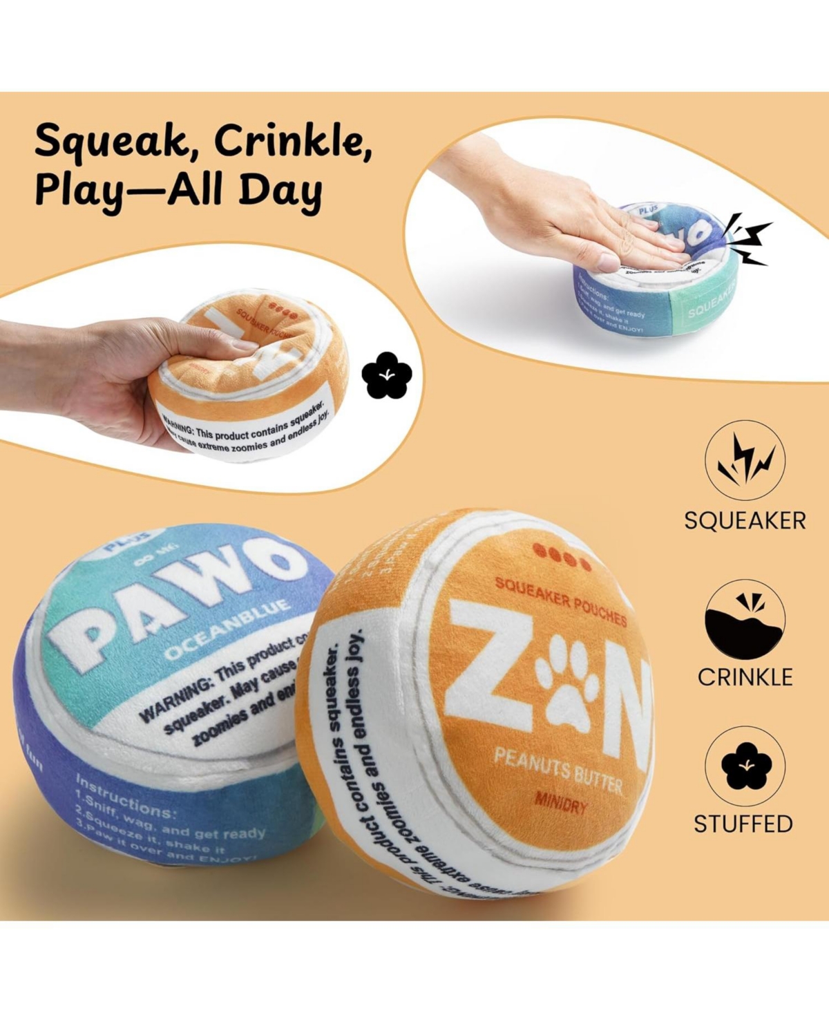 Nocciola Pawo Pouch Dog Squeaky Toy, Funny Stuffed Plush Toy with Crinkle Paper, Cool Stuff for Puppy, Fetch & Chew Toy for Small Medium Dogs