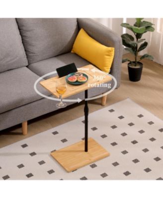 Adjustable Bamboo C-Shaped Couch Tray Table with 2-Tier Rectangle Design