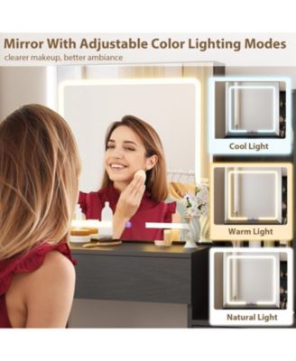 Vanity Desk with Sliding Mirror & Lights, 4 Drawers, 7 Shelves, Charging Station, Stool Included, 3 Lighting Modes, Modern Makeup Vanity