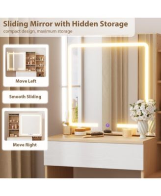 Vanity Desk with Sliding Mirror & Lights, 4 Drawers, 7 Shelves, Charging Station, Stool Included, 3 Lighting Modes, Modern Makeup Vanity