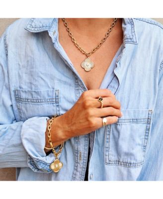 25mm Clover Charm with Micro Pave CZ Center On A Gold Plated Oval Chain Necklace