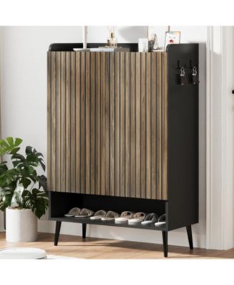 Large 6-Tier Shoe Cabinet with 2 Doors, Handleless Shoe Organizer with Hooks, Freestanding Entryway Storage Cabinet