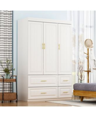 3-Door Big Wardrobe Armoires with Hanging Rod, 4-Drawers, Storage Shelves