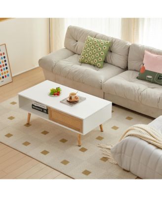 Modern Rattan Coffee Table with Sliding Door Storage and Solid Wood Legs