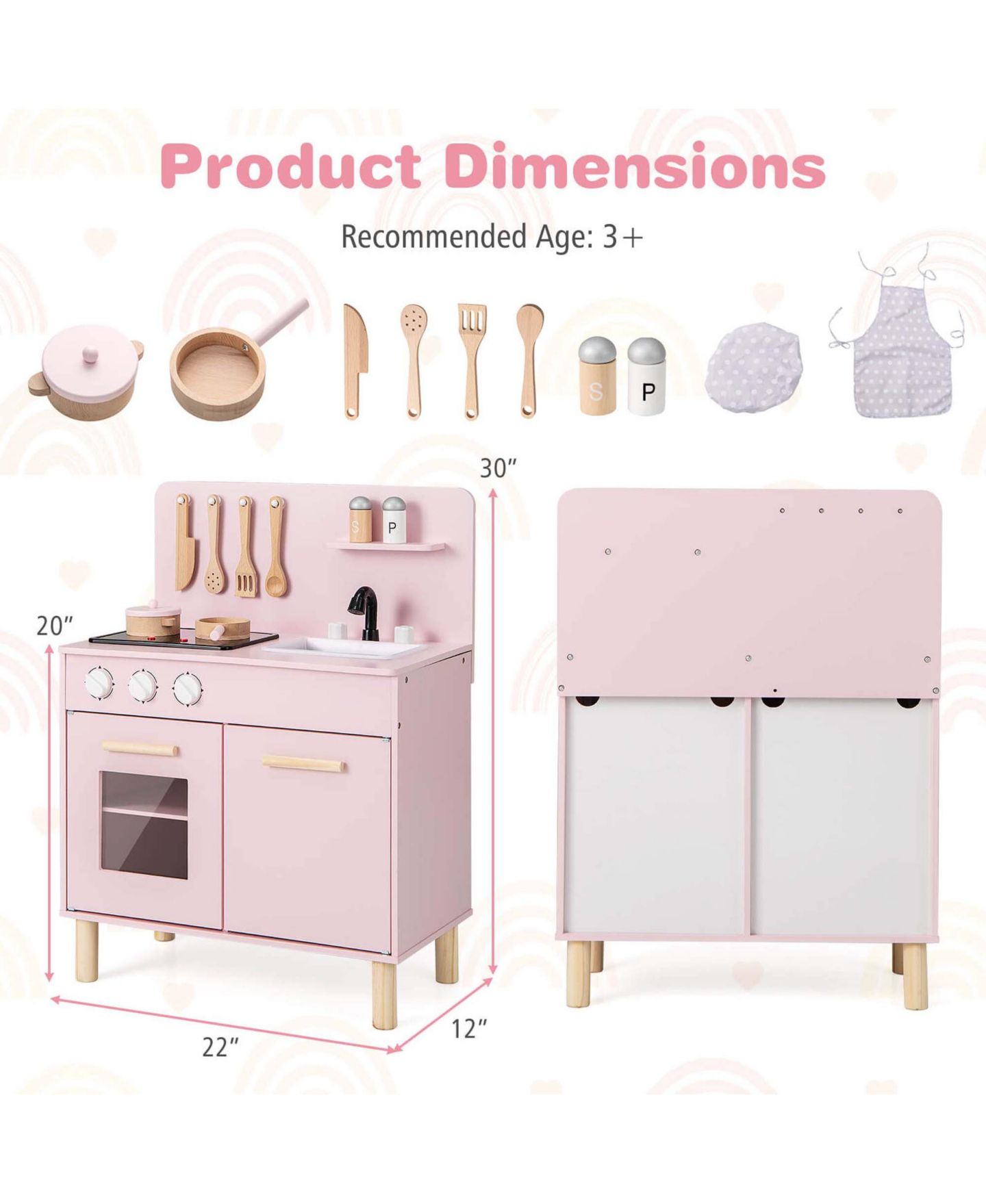Детский игровой набор Costway Light-Up Cooking Sounds Wooden Kids Kitchen Playset, от 3 лет, цвет: Розовый — фото 3
