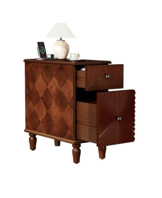 Modern Slim Side Table with 2 Drawers Narrow Nightstand