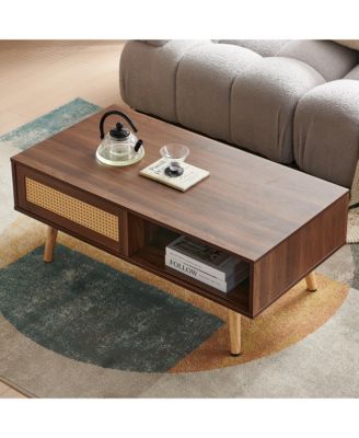 PE Rattan Coffee Table with Sliding Storage Door and Solid Wood Legs for Living Room