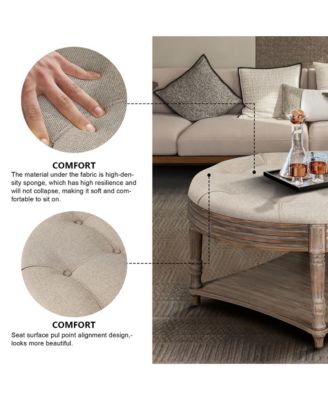 Farmhouse Round Ottoman Coffee Table with 2-Tier Storage and Waterproof Linen